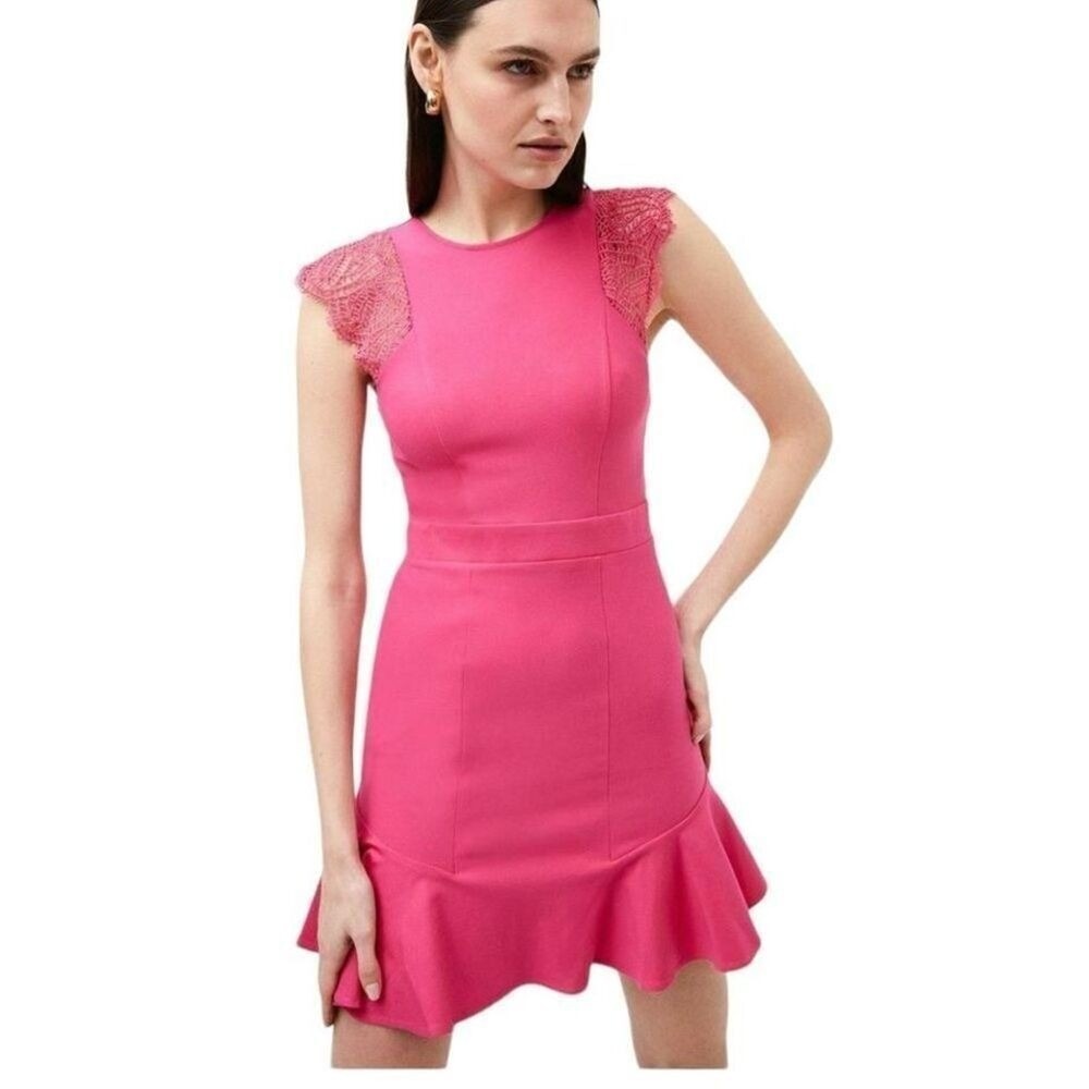 NWT Karen Millen lace trim ponte ruffle dress size 12‎